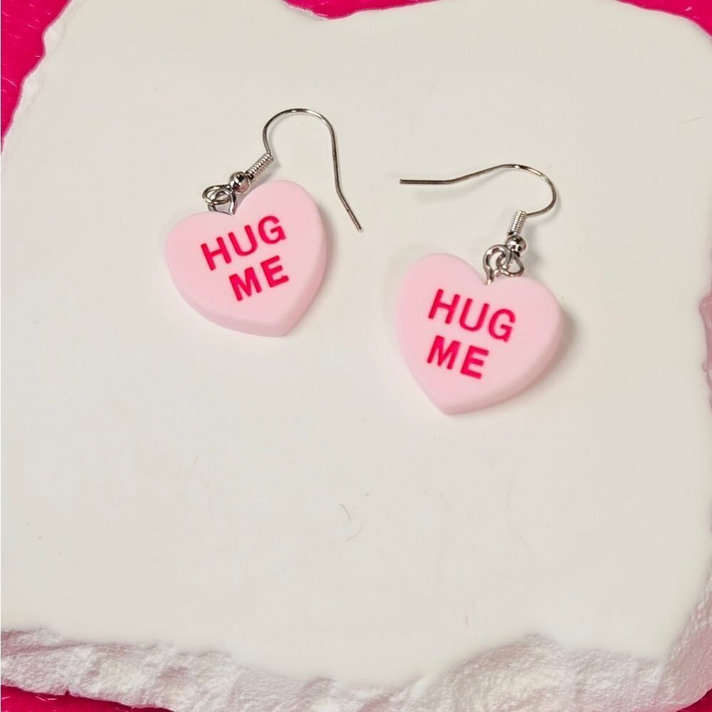 2/$25 Nostalgic Candy Heart Resin Dangle Earrings 💖 Hug Me Conversation Hearts - Picture 4 of 5
